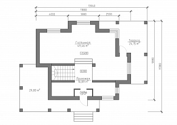 Проект дома с использованием трёх видов отелочных материалов, с навесом для автомобиля и террасой / План 1 этажа Проект дома с использованием трёх видов отелочных материалов, с навесом для автомобиля и террасой / План 1 этажа