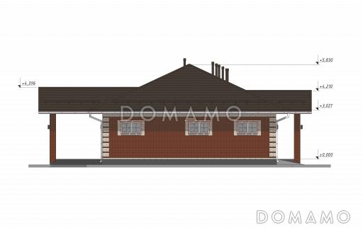 Проект одноэтажного облицованного кирпичом дома с гаражом на одну машину S-150 / Фасад 4