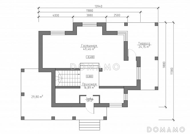 Проект дома с использованием трёх видов отелочных материалов, с навесом для автомобиля и террасой / План 1 этажа Проект дома с использованием трёх видов отелочных материалов, с навесом для автомобиля и террасой / План 1 этажа