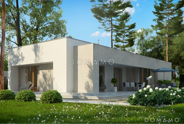 Проект одноэтажного дома из кирпича с плоской крышей, с угловым остеклением гостиной Проект одноэтажного дома из кирпича с плоской крышей, с угловым остеклением гостиной