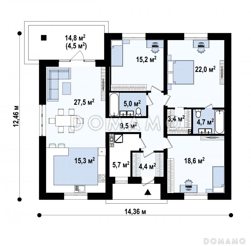 Проект современного одноэтажного загородного дома с мастер-спальней, террасой, кухней с окном у мойки / План 1 этажа
