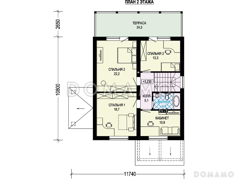 Проект дома с двумя террасами, эркером, просторной гостиной, кабинетом / План мансардного этажа