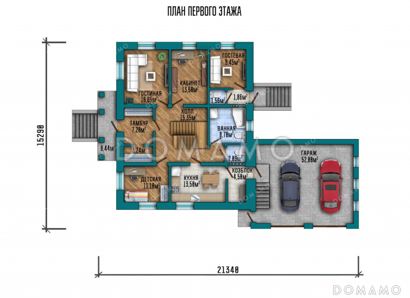 Проект двухэтажного дома с подвалом и гаражом на два автомобиля / План 1 этажа