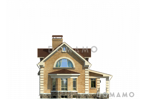 Проект гармоничного, кирпичного дома с эркером, сауной и коричневой крышей / Фасад 4