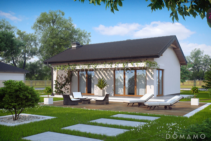 Проект компактного одноэтажного дома из кирпича с двумя спальнями, изолированной кухней и торцевым входом Проект компактного одноэтажного дома из кирпича с двумя спальнями, изолированной кухней и торцевым входом