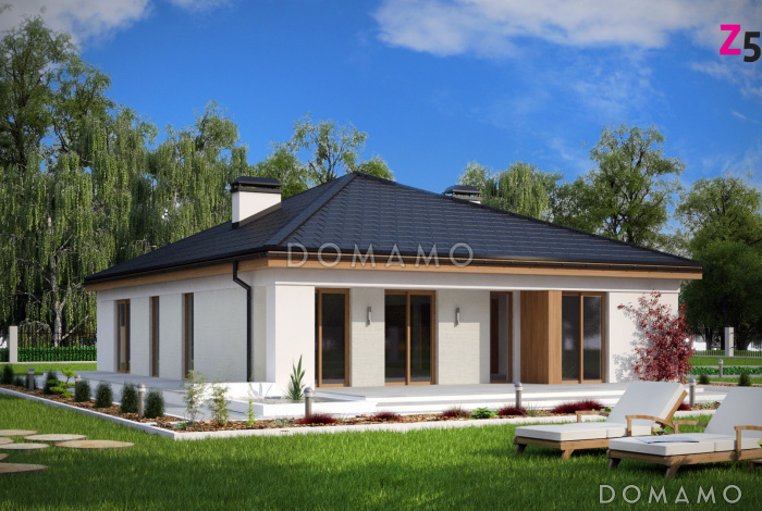 Проект квадратного одноэтажного дома из газобетона с четырьмя комнатами и гаражом для большой семьи Проект квадратного одноэтажного дома из газобетона с четырьмя комнатами и гаражом для большой семьи