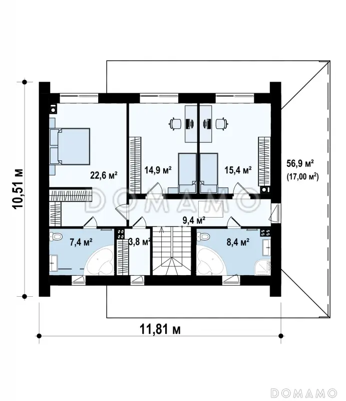 Проект современного двухэтажного дома из газобетона с дополнительной спальней на первом этаже, гаражом и открытой террасой на втором этаже / План 2 этажа