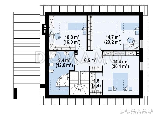 Проект одноэтажного мансардного дома из кирпича с тремя спальнями и пристроенным гаражом / План мансардного этажа
