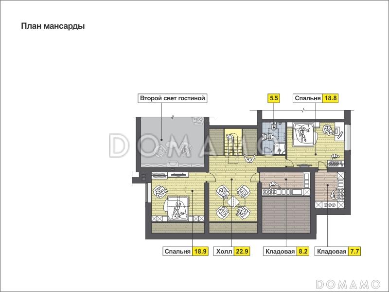 Проект дома с большой террасой с барбекю, большой гостиной с камином, спальнями на первом этаже, сауной, вторым светом / План мансардного этажа