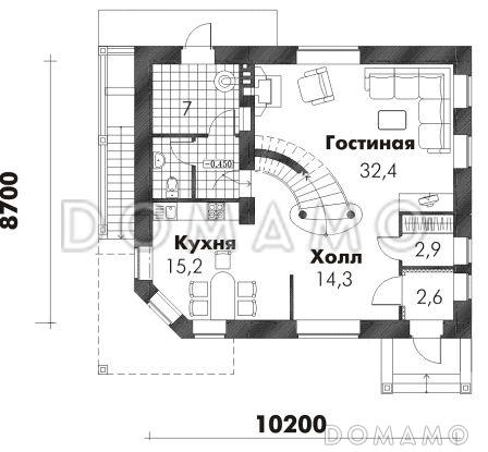 Проект трехэтажного дома из пеноблоков с просторной гостиной, балконом и кабинетом на третьем этаже / План 1 этажа