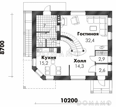 Проект трехэтажного дома из пеноблоков с просторной гостиной, балконом и кабинетом на третьем этаже / План 1 этажа Проект трехэтажного дома из пеноблоков с просторной гостиной, балконом и кабинетом на третьем этаже / План 1 этажа