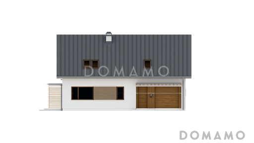 Проект одноэтажного мансардного дома из газобетона с кабинетом, открытой угловой террасой и гаражом  / Фасад 2