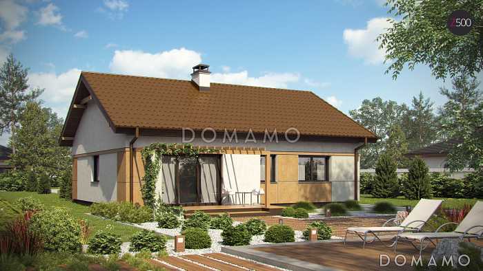 Проект компактного одноэтажного дома из кирпича с двумя спальнями, техническим помещением и изолированной кухней Проект компактного одноэтажного дома из кирпича с двумя спальнями, техническим помещением и изолированной кухней