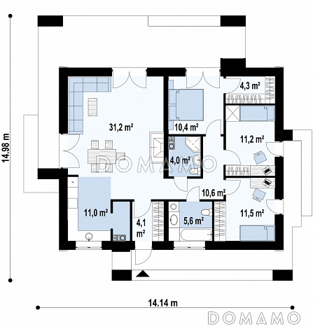 Проект современного компактного одноэтажного дома из кирпича с тремя спальнями / План 1 этажа