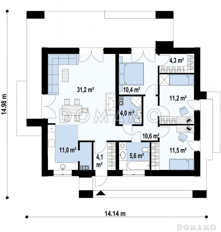 Проект современного компактного одноэтажного дома из кирпича с тремя спальнями / План 1 этажа