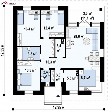 Проект одноэтажного дома из газобетона с кирпичными фасадами с тремя спальнями, светлой гостиной и угловым окном в кухне / План 1 этажа Проект одноэтажного дома из газобетона с кирпичными фасадами с тремя спальнями, светлой гостиной и угловым окном в кухне / План 1 этажа