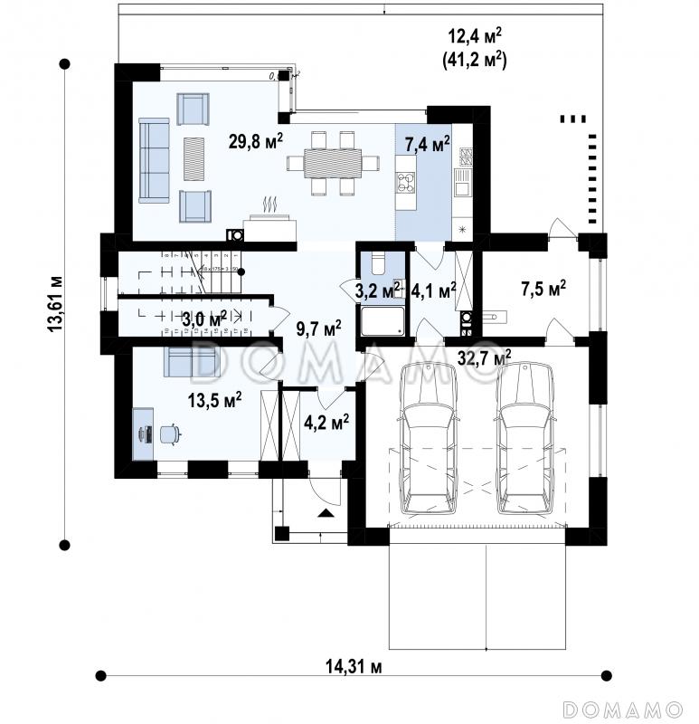 Проект двухэтажного дома с гаражом на два автомобиля с проходом в кухню через  кладовую, мастер-спальней на втором этаже / План 1 этажа