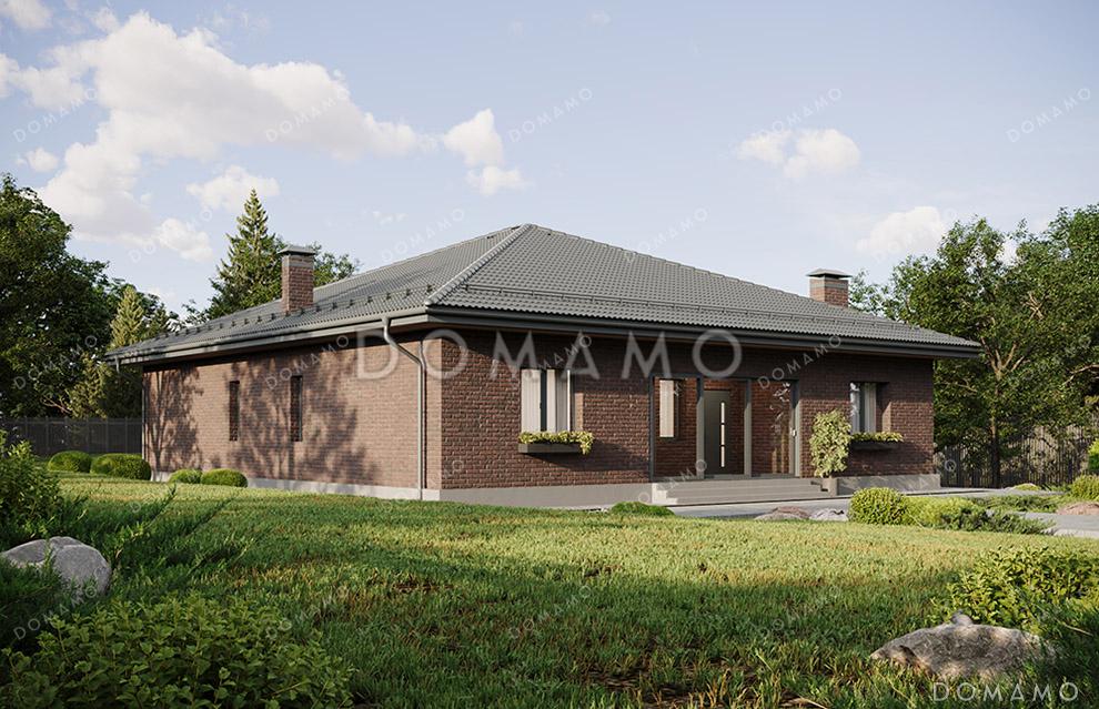 Проект большого одноэтажного дома с просторной зоной кухни-гостиной, крытой террасой, выделенной мастер-спальней и кабинетом / 1