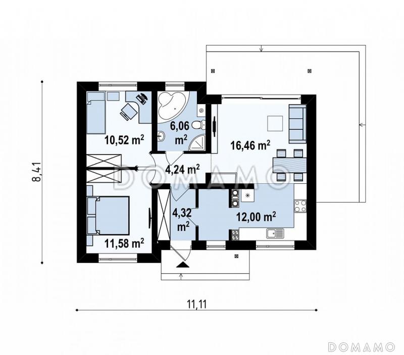 Проект компактного одноэтажного дома небольшой площади из газобетона с двумя спальнями  / План 1 этажа