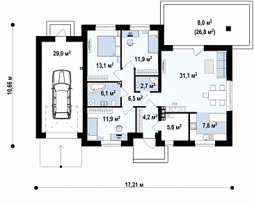 Проект одноэтажного дома из газобетона с тремя спальнями и небольшой крытой угловой террасой, увеличенная версия 273 с гаражом / План 1 этажа Проект одноэтажного дома из газобетона с тремя спальнями и небольшой крытой угловой террасой, увеличенная версия 273 с гаражом / План 1 этажа