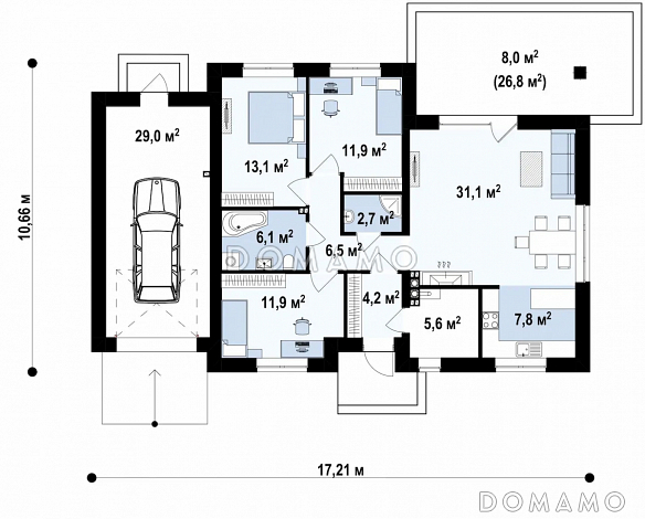 Проект одноэтажного дома из газобетона с тремя спальнями и небольшой крытой угловой террасой, увеличенная версия 273 с гаражом / План 1 этажа Проект одноэтажного дома из газобетона с тремя спальнями и небольшой крытой угловой террасой, увеличенная версия 273 с гаражом / План 1 этажа