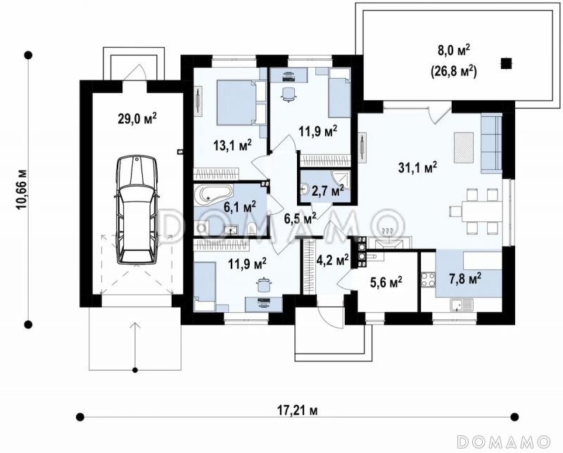 Проект одноэтажного дома из газобетона с тремя спальнями и небольшой крытой угловой террасой, увеличенная версия 273 с гаражом / План 1 этажа
