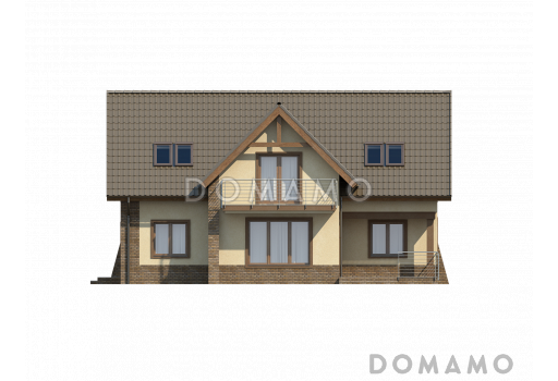 Проект просторного комфортного мансардного дома из газобетона с необычной планировкой и гаражом / Фасад 4