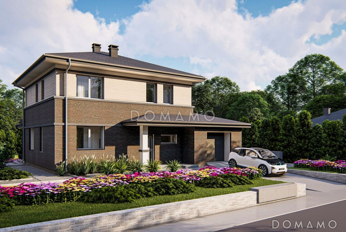 Проект дома с облицовкой первого этажа кирпичом, гаражом, гостиной с выходом на террасу