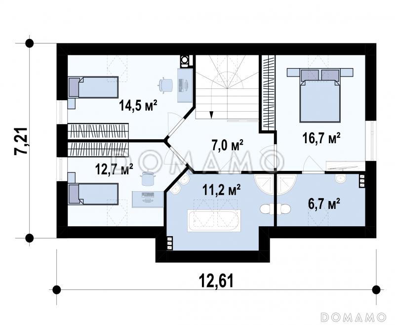 Проект загородного дома с камином в гостиной, террасой, кладовой под лестницей / План мансардного этажа