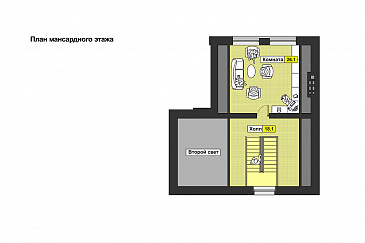 Проект дома с камином, изолированной кухней, комнатой с выходом на террасу, вторым светом / План мансардного этажа