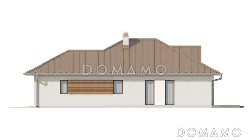 Проект одноэтажного дома из кирпича с большой угловой террасой и гаражом на два автомобиля / Фасад 3