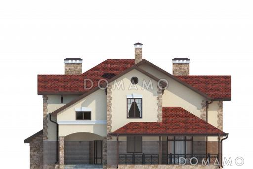 Дом с полукруглым эркером, смежным холлом, гостиной и столовой,  мансардным помещением / Фасад 4