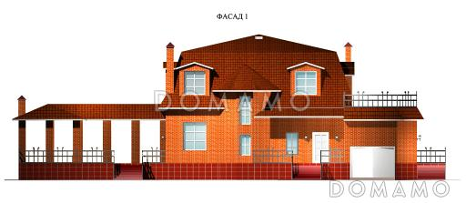 Проект одноэтажного коттеджа с мансардным этажом, гаражом и летней открытой площадкой на крыше гаража / Фасад 1