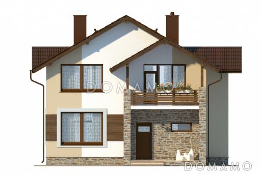 Проект коттеджа с пятью спальнями, коричневой крышей и белыми оштукатуренными стенами / Фасад 1