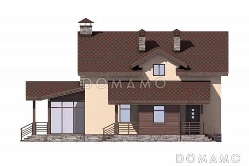 Проект дома с верандой c барбекю, кладовой под лестницей, парной и душевой, кабинетом и спальнями на мансардном этаже / Фасад 4