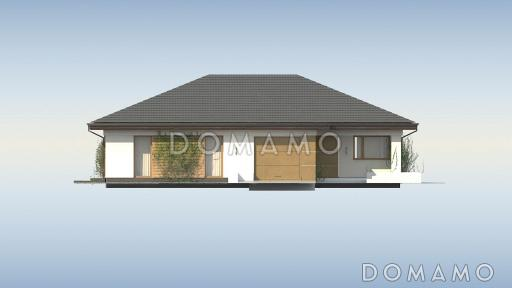 Проект просторного одноэтажного дома из кирпича с четырьмя спальнями и гаражом для одного автомобиля / Фасад 1