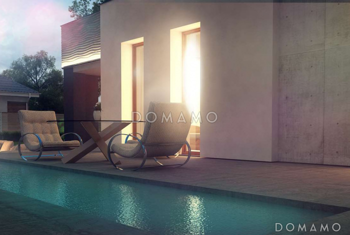 Проект современного одноэтажного дома из кирпича с плоской крышей с тремя спальнями, частично крытой террасой и одноместным гаражом Проект современного одноэтажного дома из кирпича с плоской крышей с тремя спальнями, частично крытой террасой и одноместным гаражом