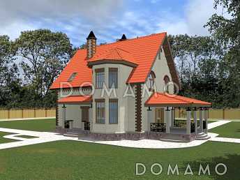 Дом с островерхой кровлей и двухэтажным эркером