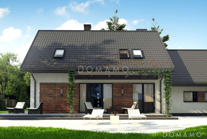 Проект комфортного одноэтажного мансардного дома из газобетона с кабинетом, гаражом и тремя спальнями