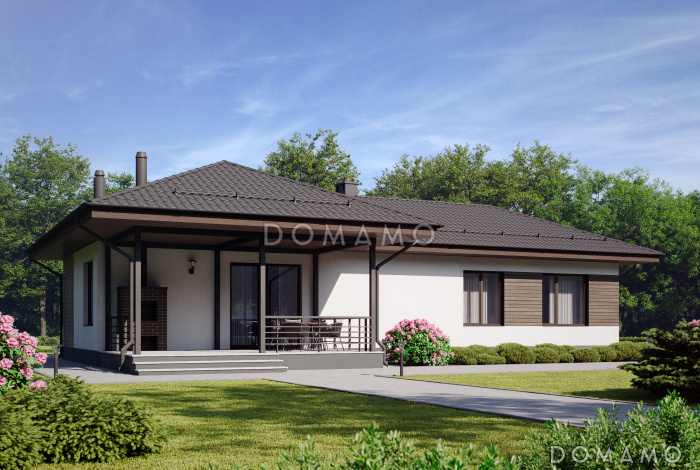 Проект одноэтажного газобетонного дома с барбекю на террасе и двумя спальнями Проект одноэтажного газобетонного дома с барбекю на террасе и двумя спальнями