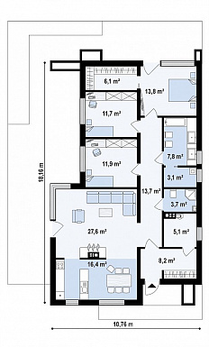 Проект одноэтажного дома из кирпича с плоской крышей, с угловым остеклением гостиной / План 1 этажа Проект одноэтажного дома из кирпича с плоской крышей, с угловым остеклением гостиной / План 1 этажа