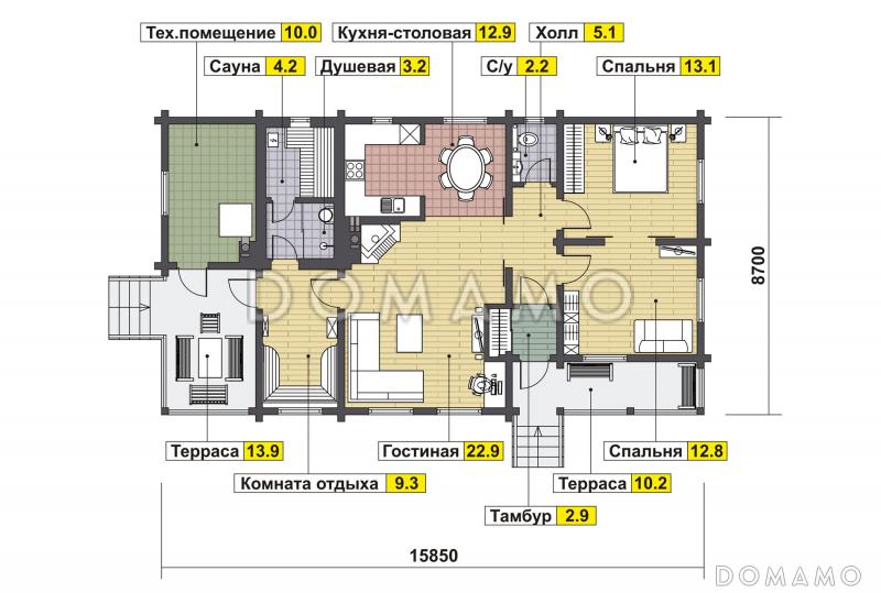 Проект одноэтажного дома с двумя спальнями, комнатой отдыха, гостиной с камином, сауной / План 1 этажа