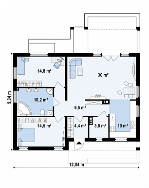 Проект одноэтажного дома из кирпича с современными элементами дизайна, с двумя спальнями и просторной дневной зоной / План 1 этажа
