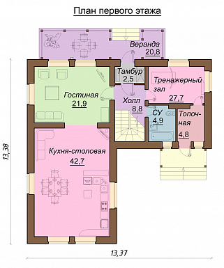 Проект двухэтажного дома с верандой / План 1 этажа