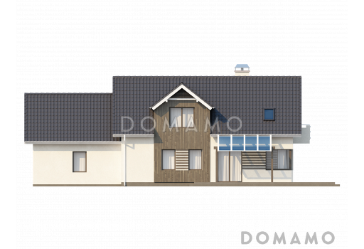 Проект просторного одноэтажного дома из кирпича с тремя спальнями и подсобным помещением на мансардном этаже и со встроенным гаражом / Фасад 2