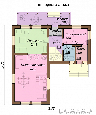 Проект двухэтажного дома с верандой / План 1 этажа