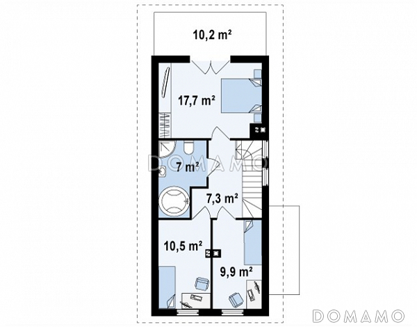 Проект компактного двухэтажного дома из кирпича для строительства на очень узком участке / План 2 этажа Проект компактного двухэтажного дома из кирпича для строительства на очень узком участке / План 2 этажа