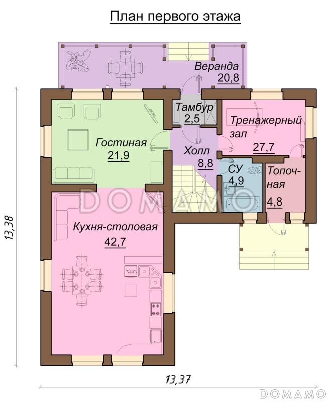 Проект двухэтажного дома с верандой / План 1 этажа