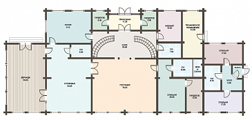 Проект двухэтажного дома из клееного бруса с колоннами и большой верандой / План 1 этажа Проект двухэтажного дома из клееного бруса с колоннами и большой верандой / План 1 этажа