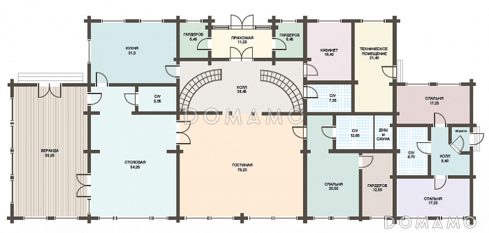 Проект двухэтажного дома из клееного бруса с колоннами и большой верандой / План 1 этажа Проект двухэтажного дома из клееного бруса с колоннами и большой верандой / План 1 этажа